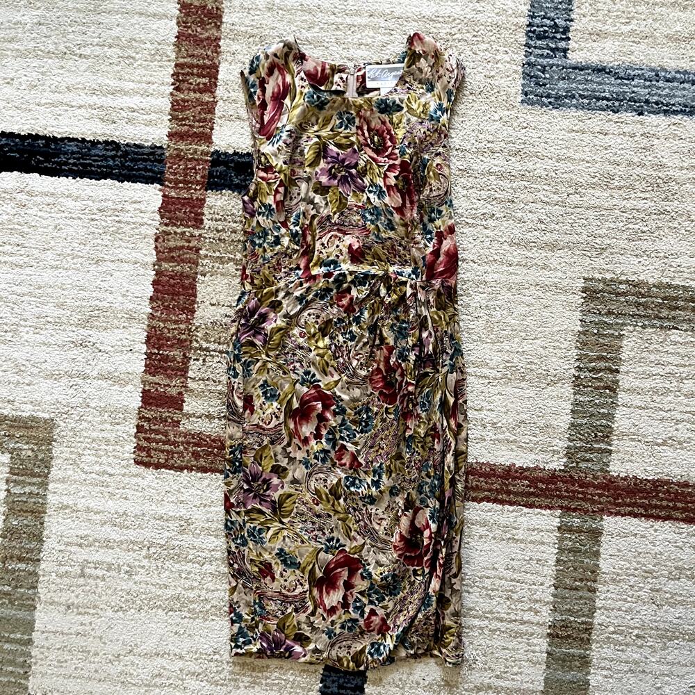 Pat Agenti Silk Vintage 1980s Floral Sheath Midi Dress Colorful